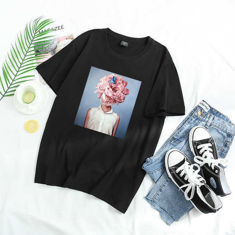 100% Cotton Aesthetic Feather Flowers Printing T-shirt Fashion Harajuku O Neck Short Sleeve Summer Female Tees W726 210526