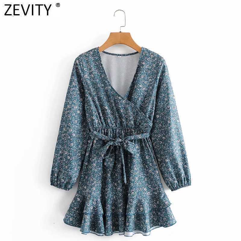 Zevity Women Vintage Cross V Neck Floral Print Ruffles Mini Dress Femme Long Sleeve Bow Tied Sashes Vestido Cloth DS4702 210603