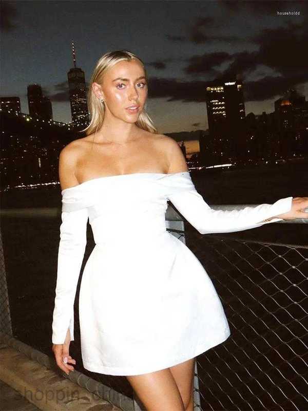 Casual Dresses Fashion Solid Off Shoulder A Line Dress For Women Pleated Long Sleeve Backless Slim Mini Elegant Lady Chic Party Robes