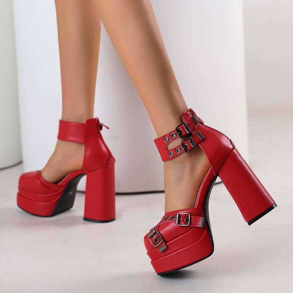 ASILETO Design Women Pumps Square Toe Chunky Heel 12Cm Buckle Strap Zipper Metal Decoration Big Size 48 49 50 Sexy Party Shoes