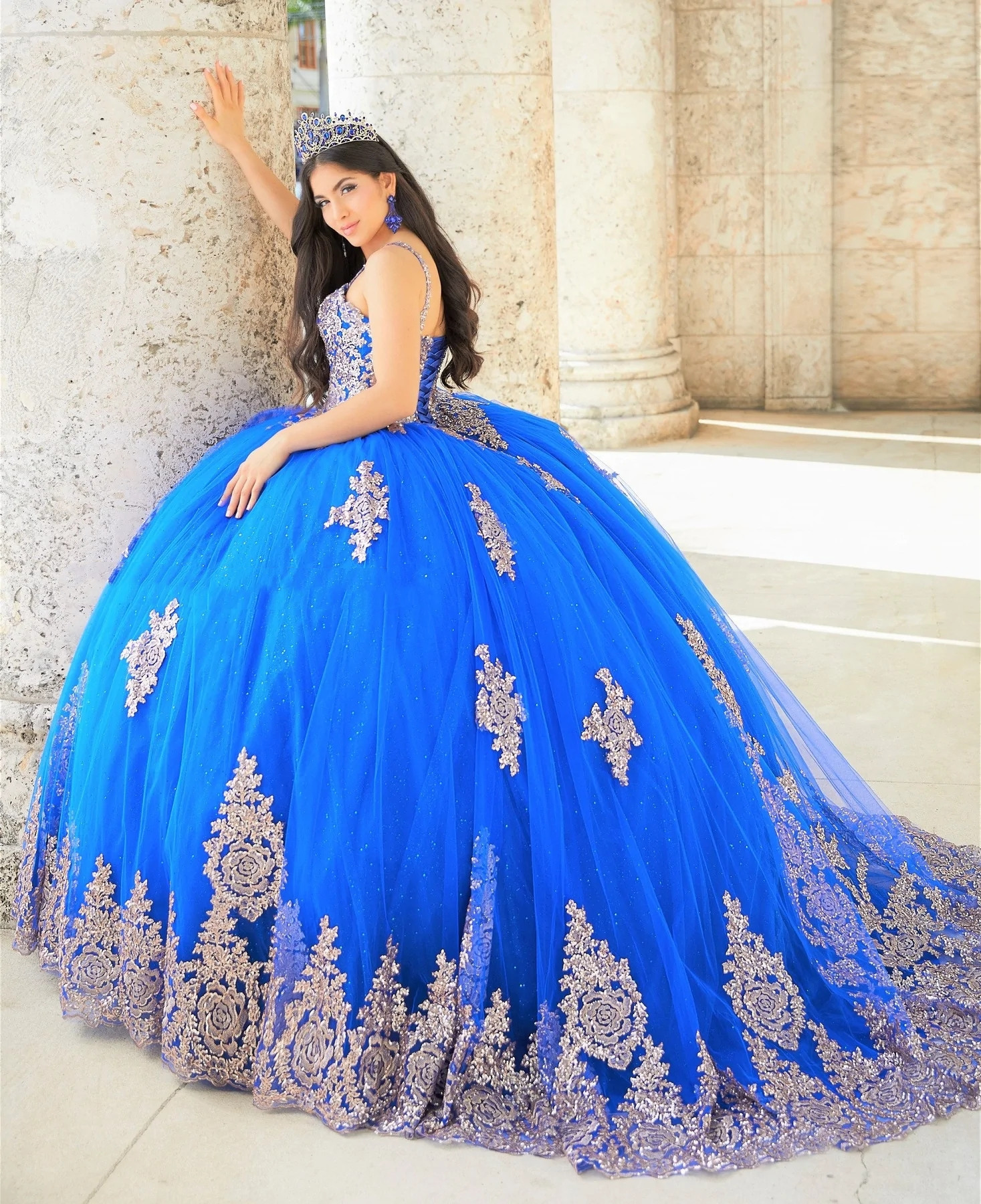 Royal Blue Mexican Quinceanera Dresses Ball Gown Spaghetti Straps Appliques Lace Puffy Charro Sweet 16 Dresses 15 Anos