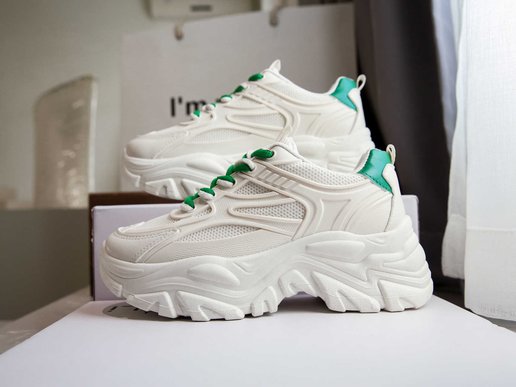 Women's Athleisure Thick Sole Mesh Breathable Comfortable Lightweight Versatile Shoes Triple Green Free shipping