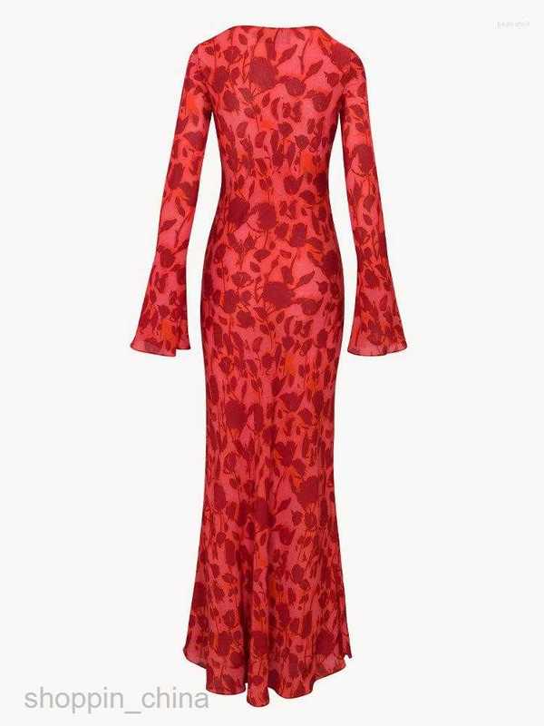 Casual Dresses Fall Long Sleeve Maxi Dress For Women Fashion Bodycon Slim Chiffon Red Print Party Elegant Vestidos 7654D
