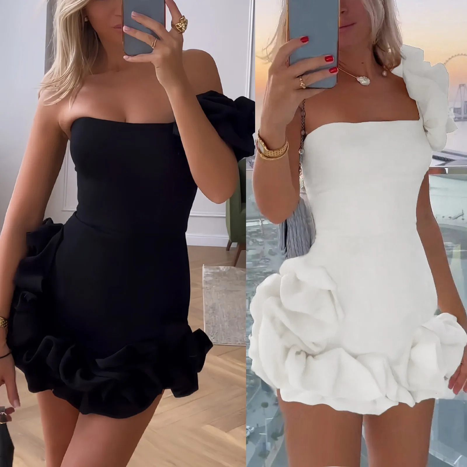 Elegant lace pleated mini dress womens fashionable slim fitting shoulder rose short skirt summer party evening dress 240531