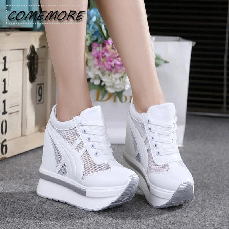 Classic Womens Mesh Platform Sports Shoes White Shoes 10CM High Heel Wedge Outdoor Breathable Casual Shoes Autumn Round Toes 240614