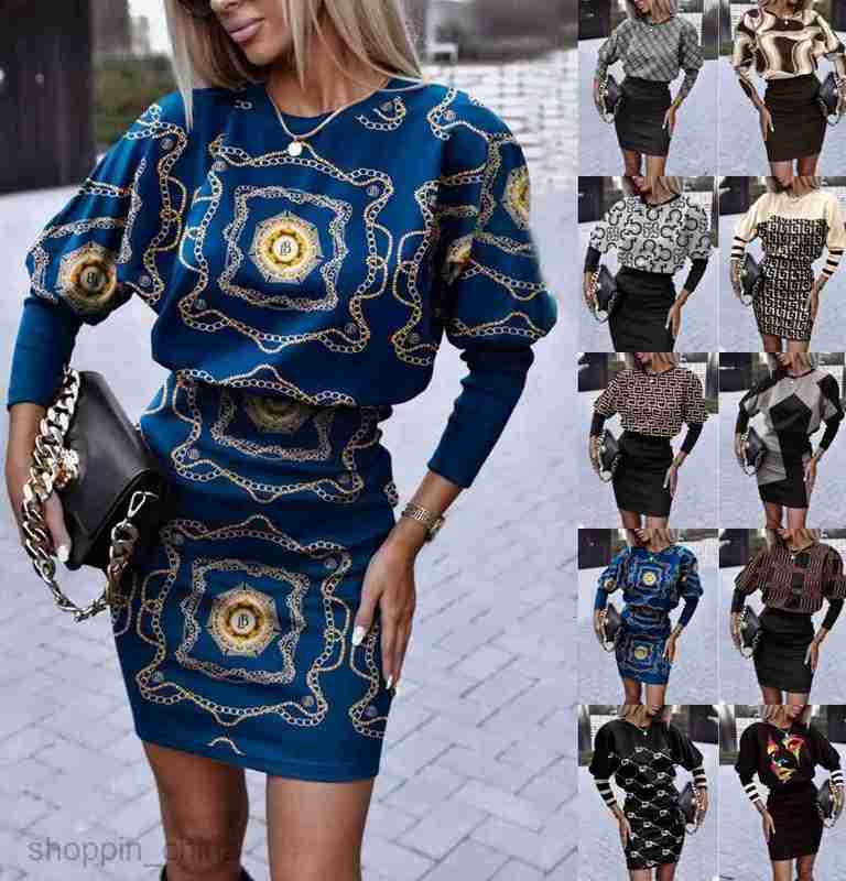 Basic Casual Women Dresses Women's Autumn New Round Neck Long Sleeve Printed Waist Commuter Dress