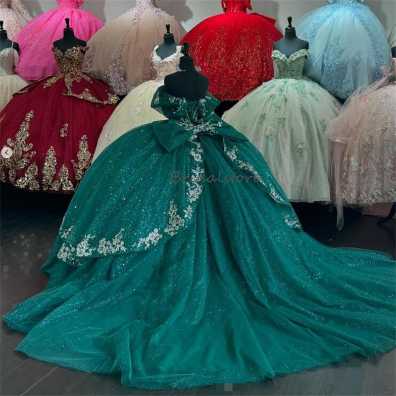 Sparkly Emerald Green Quinceanera Dresses 2024 Off Shoulders Lace Masquerade Sixteen Birthday Party Dress Vestido De Xv Debutante Sweet 16 Dress With 