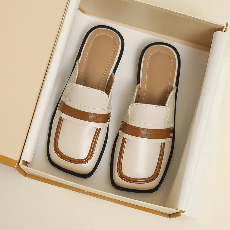 leather Square color Toe Mixed patchwork women slippers thick heel oxford mules shoes woman outdoor lazy slides big size 43