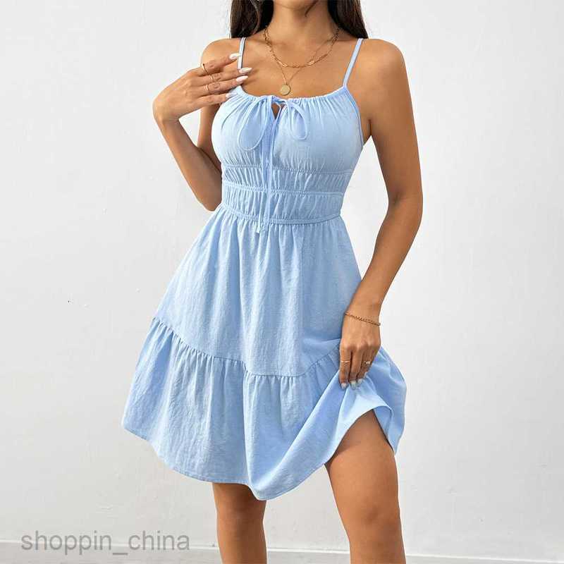 Basic Casual Women Dresses Elegant style sleeveless camisole dress, new summer waisted pleated A-line mid length skirt