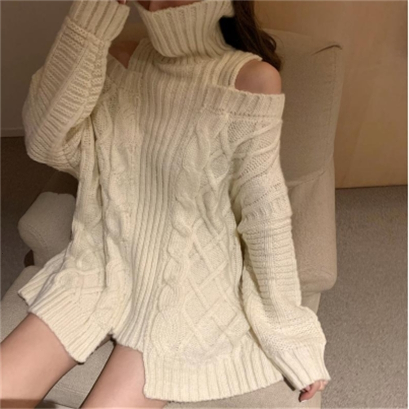 Womens Sweaters Winter Korean Style Sweaters Knitted Solid Color Pullovers Turtleneck Sweater Women Warm Off Shoulders Womens Clothes 220906