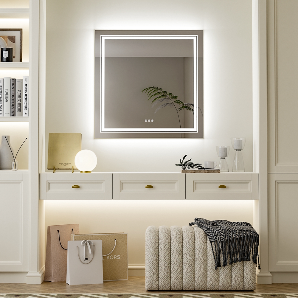 Led Lighted Bathroom Mirror: 900 * 900mm Round Wall Mounted Led Backlit Vanity Mirror with Adjustable 3 Lights Demister Pad oversea warehouse dropship