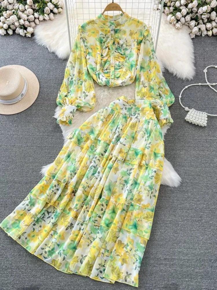 Floral Two Piece Set Women Lantern Long Sleeved Single Breasted Shirthigh Waisted A-line Long Skirt Printed Chiffon Outfits 240601