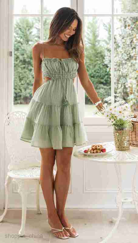 Basic Casual Women Dresses Summer New Women's sexy camisole dress hollowed out lace up and backless large hem dress