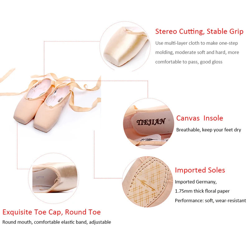 Professional Ballet Pointe Shoes Canvas Satin Pink Black Red Ballet Performer Dance Performance with Footpads 240614