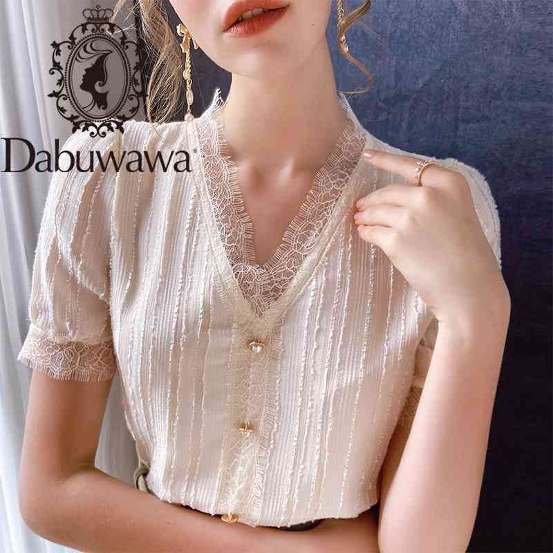 Dabuwawa Exclusive Casual Lace V-Neck Blouse Spring Summer Short Sleeve Ruffled Elegant Women's Shirt Tops Fashion DO1BCF002 210520