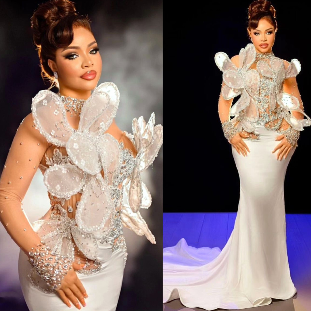 2024 Aso Ebi White Mermaid Prom Dress Florals Beaded Crystals Satin Evening Formal Party Second Reception Birthday Engagement Gowns Dress Robe De Soiree ZJ176