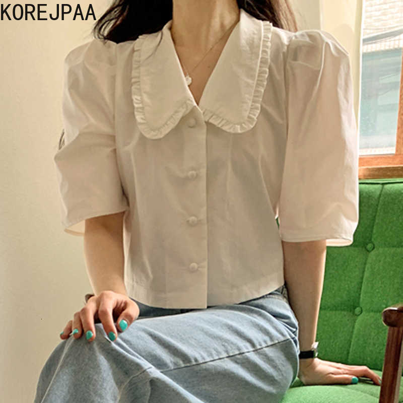 Korejpaa Women Shirt Summer Korean Chic Simple Doll Collar Wooden Ear Stitching Loose Single-Breasted Puff Sleeve Blouses 210526