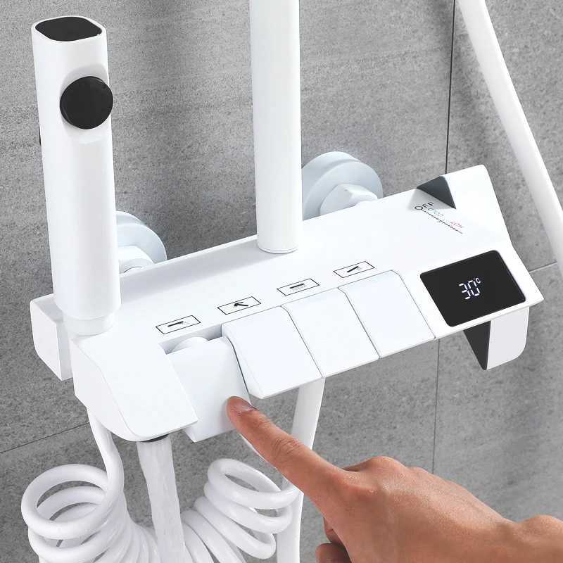 Bathroom Shower Heads Bathroom Shower Faucet Set 4 Functions Temperature Display Shower System Hot Cold Shower Faucet Temperature Control Shower SetsL