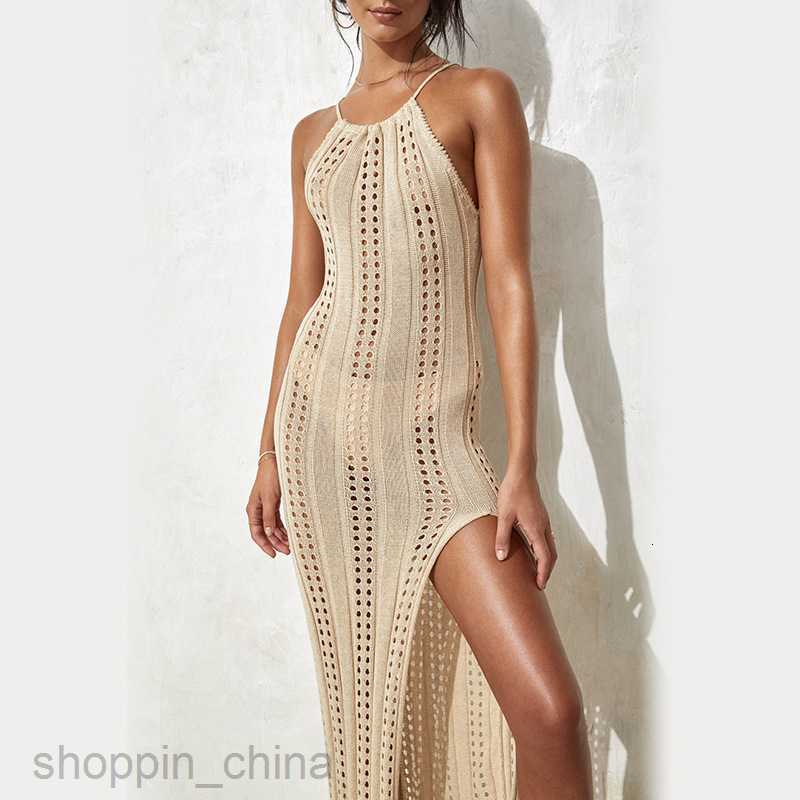 Basic Casual Women Dresses New camisole beach skirt solid color sleeveless knitted hollow out swimsuit vacation sexy slit dress