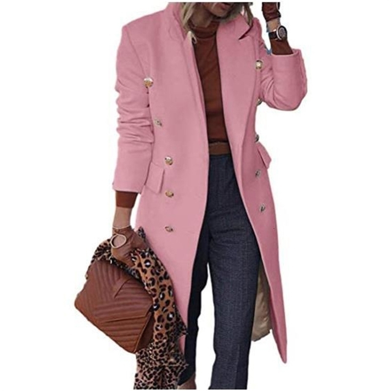 Woolen Coat Women White Pink Khaki Lapel Fashion Slim Tops Autumn Winter Plus Size Temperament Long Blends Jacket GH517 211106