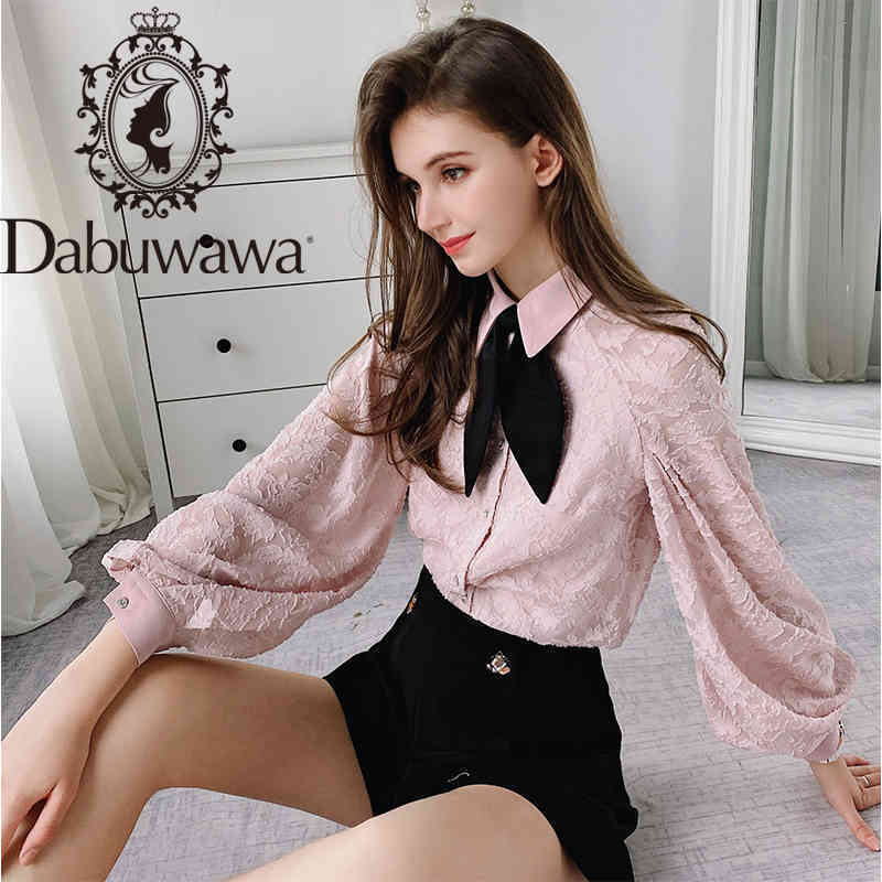 Dabuwawa Sweet Bow Neck Women Blouse Spring Solid Lantern Sleeve Shirt Female Blouses Chic Single Breasted Tops DO1AST042 210520