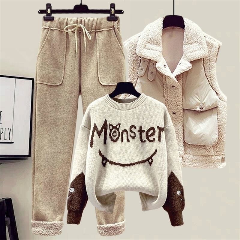 Womens Two Piece Pants Winter Womens Tracksuit Monster Letter Printed Knitted Pullover Sweater Lamb Wool Vest Casual Pants Suit 3 Piece Set 220906
