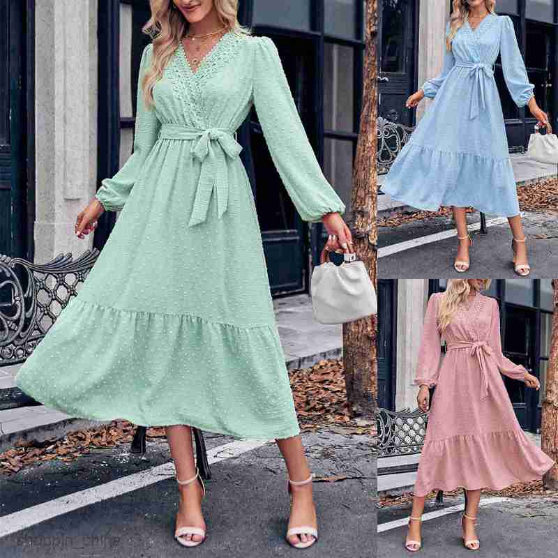 Basic Casual Women Dresses Autumn/Winter Women's New Fashion Solid Color V-neck Lace Waist Tie Dress