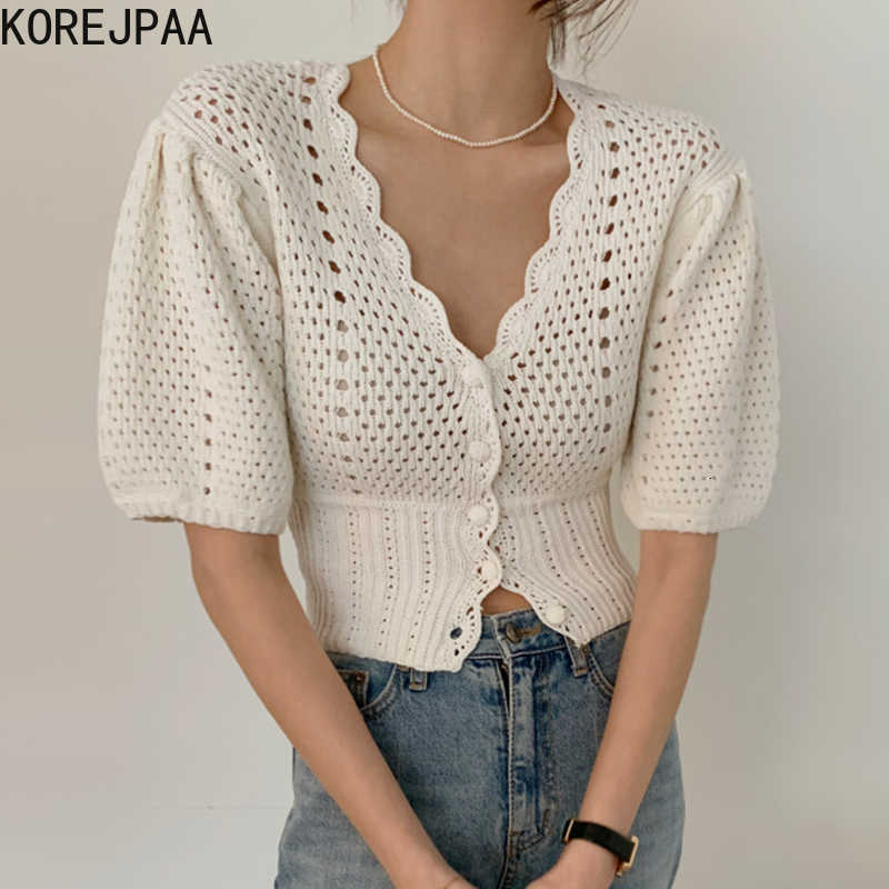 Korejpaa Women Sweater Summer Korean Chic Female Gentle Temperament V-Neck Single-Breasted Puff Sleeve Hollow Knit Cardigan 210526