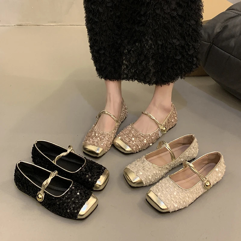 Sequin silver light mouth single shoe for womens Korean casual fashion womens soft flat Mary simple shoe slider 240614