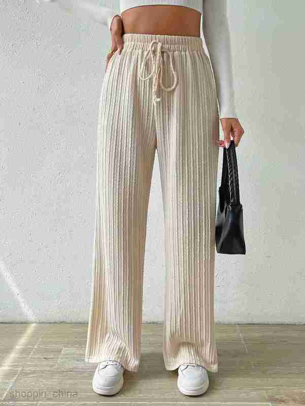 Women's Pants Capris New Waist Texture Knitted Wide Leg Pants Elastic Waist Solid Color Casual Loose Straight Women's Wear