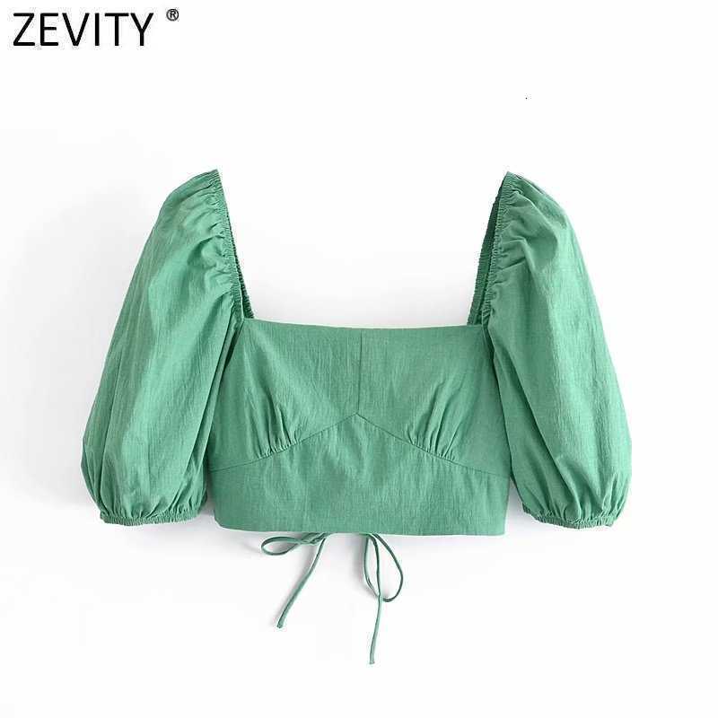 Zevity Women Vintage Puff Sleeve Square Collar Green Short Blouse Femme Sexy Backless Lace Up Shirt Chic Blusas Crop Tops LS9286 210603