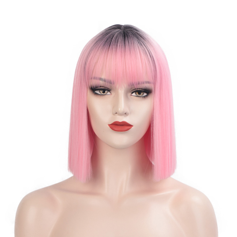 Synthetic Mechanism Bob Wig 12inch Silky Straight Chemical Fiber Wigs Black Pink Blue Color Straight Bang