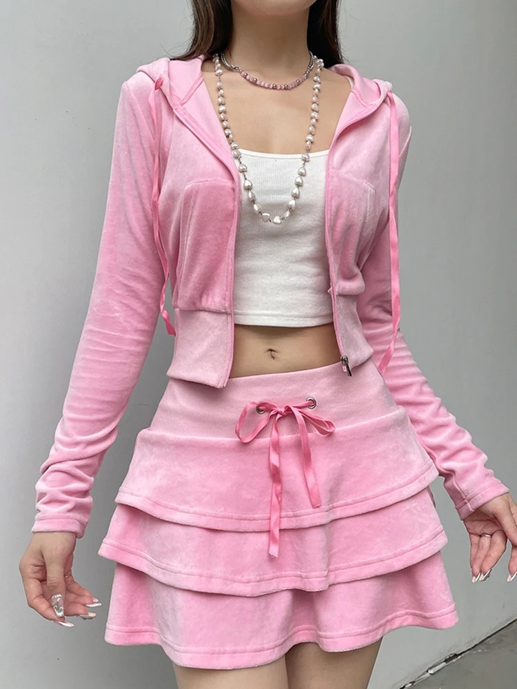 Weekeep Sweet Velvet Pink Women Suit Autumn Winter Hooded Zip Up Crop Sweatshirt and Loose Mini Skirt Two Piece Sets y2k Outfits 240601