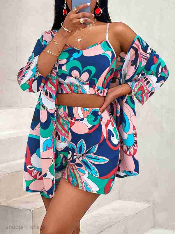 Women's Tracksuits Sexy style new women's clothing summer fashion print waist collection versatile top three piece set Sets
