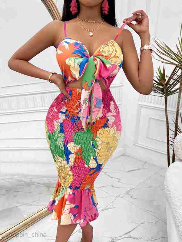 Two Piece Dress Sets Leisure Summer Fashion Women's New Printed Wrapped Hip Brace Hollow Hanging Strap Dress