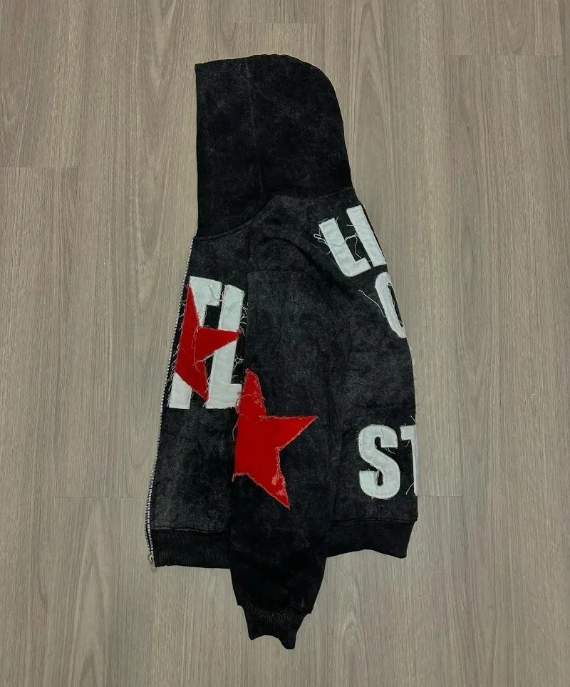 Star Letter Embroidery Fashion Aesthetic Zipper Oversized Hoodie for Women Y2k Goth Punk Harajuku Casual Couple baggy Sweatshirt 240604