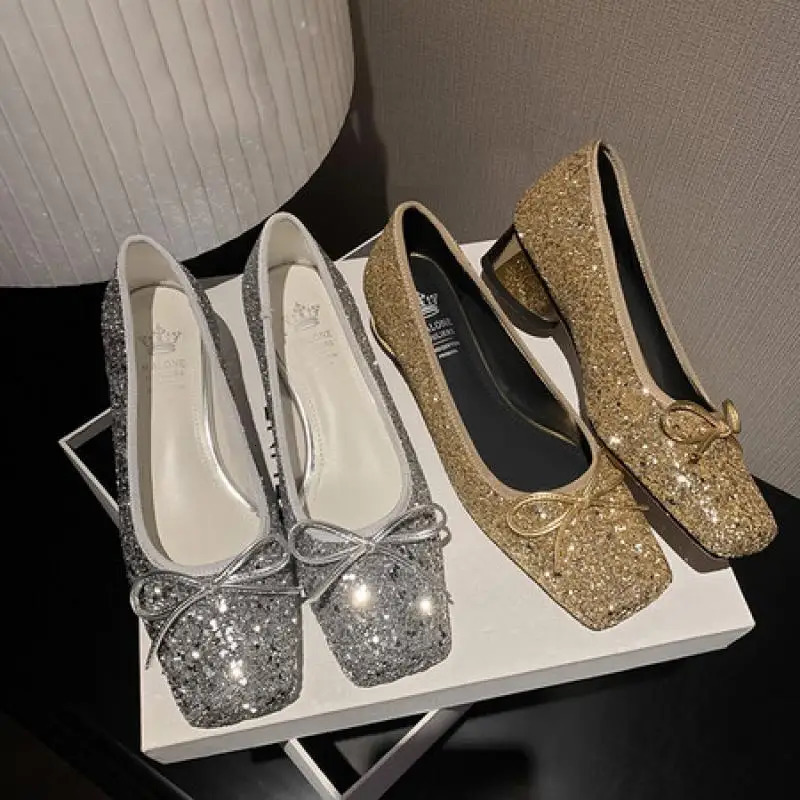 2024 Fashion Sequins Small perfume Light Mouth Round Head Single Shoes Version Single Pedal Bow Low Heel Ballet Single Shoes 240612