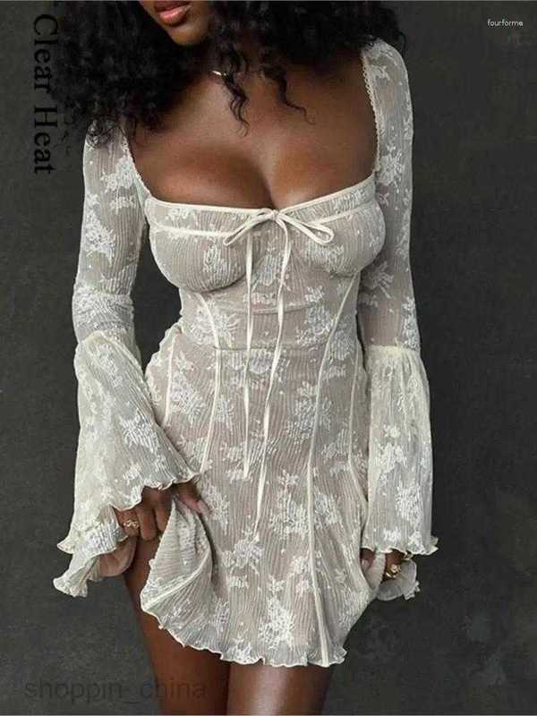 Casual Dresses Vintage Floral Lace Mini Dress For Women Elegant Flare Long Sleeve A-line Autumn Sexy Prom Evening Party Short Gown 7654D