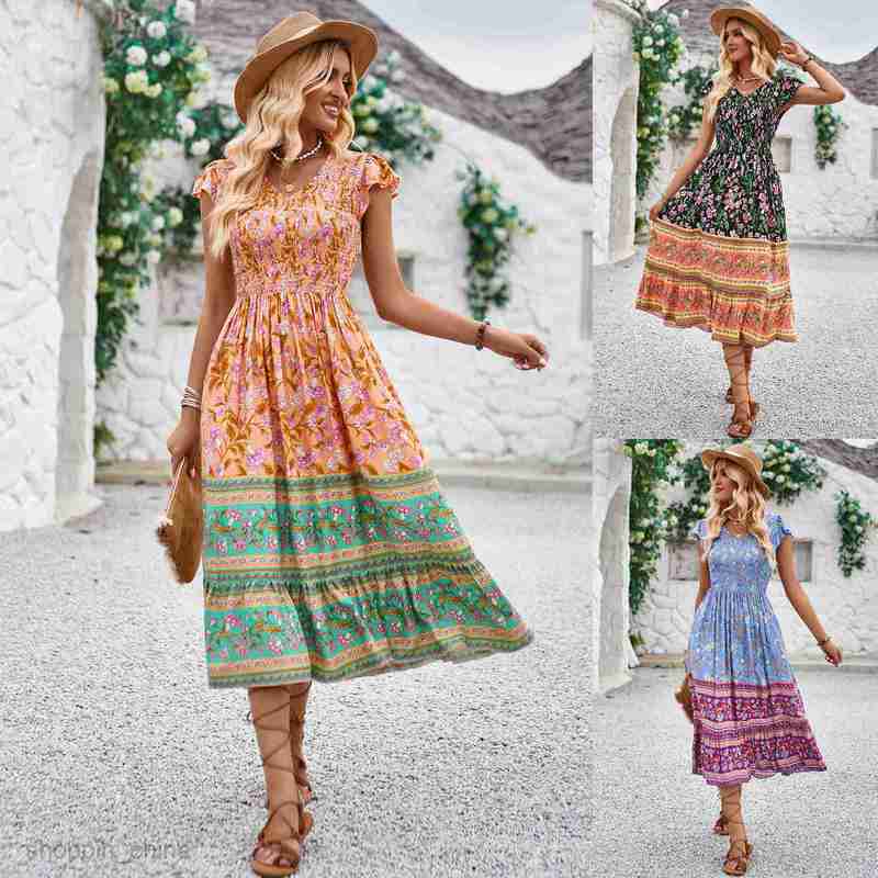 Basic Casual Women Dresses Summer Casual Dress New Print V-neck Flying Sleeves Bohemian Style Dress