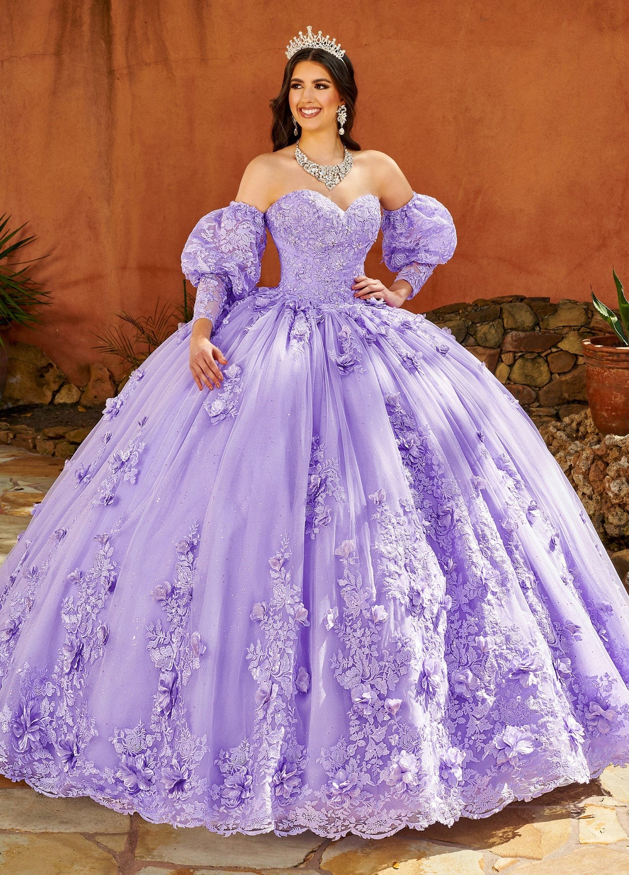 Lilac Mexican Quinceanera Dresses Ball Gown Sweetheart Sparkly Floral Appliques Puffy Charro Sweet 16 Dresses 15 Anos