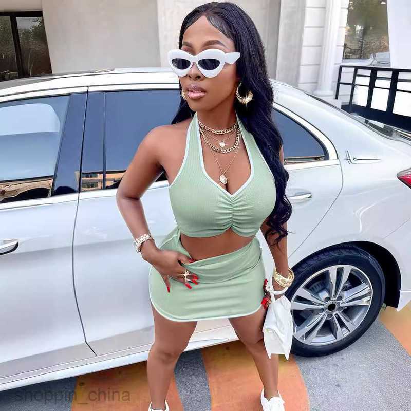 Two Piece Dress Sets New Summer Women's Fashion Solid Color V-Neck Hanging Neck Casual Top Short Skirt Set for Women