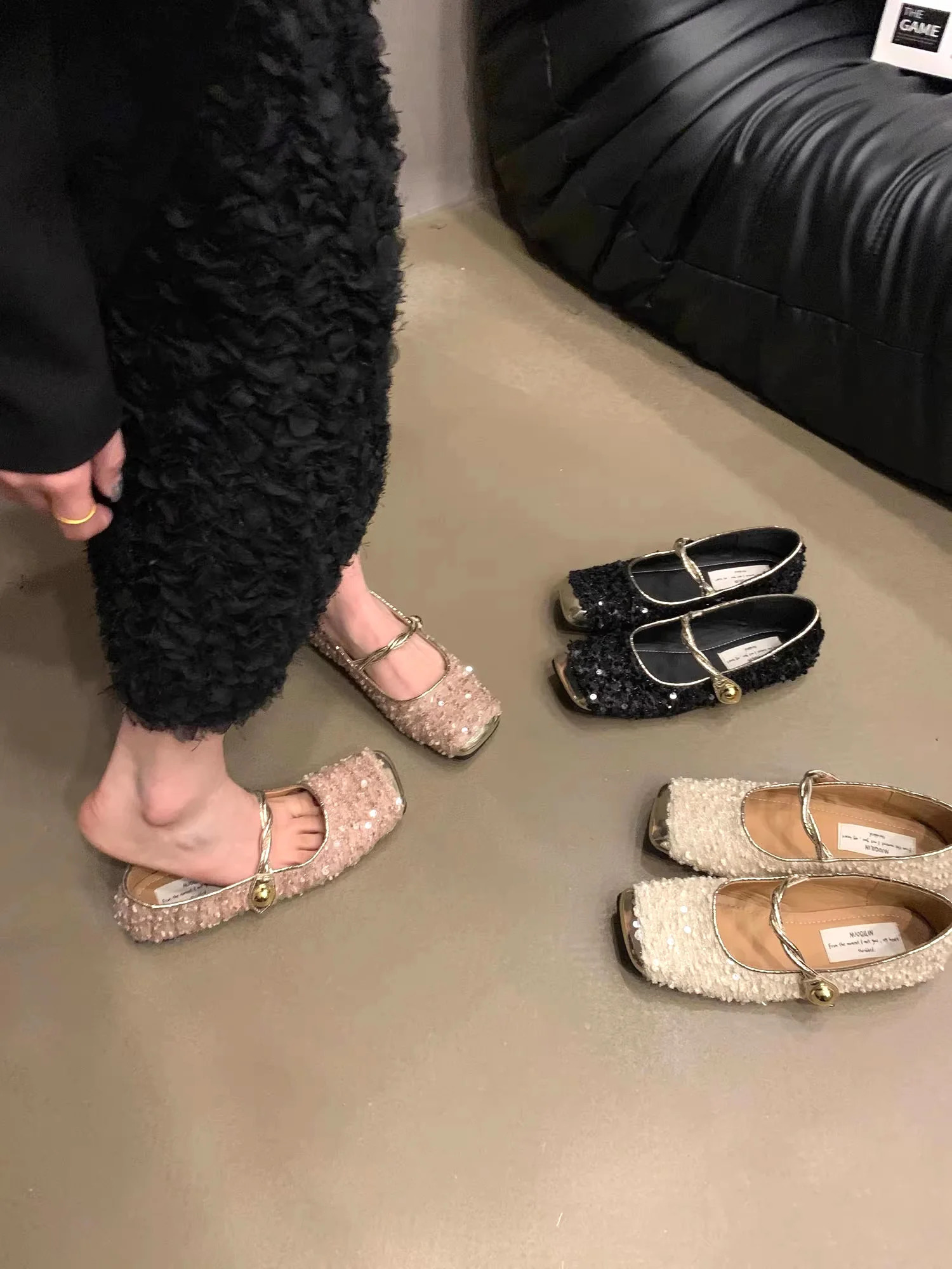 Sparkling Ballet Apartment Womens Costume Tweed Mary Jens Ballet Shoes with sequins on top 240614