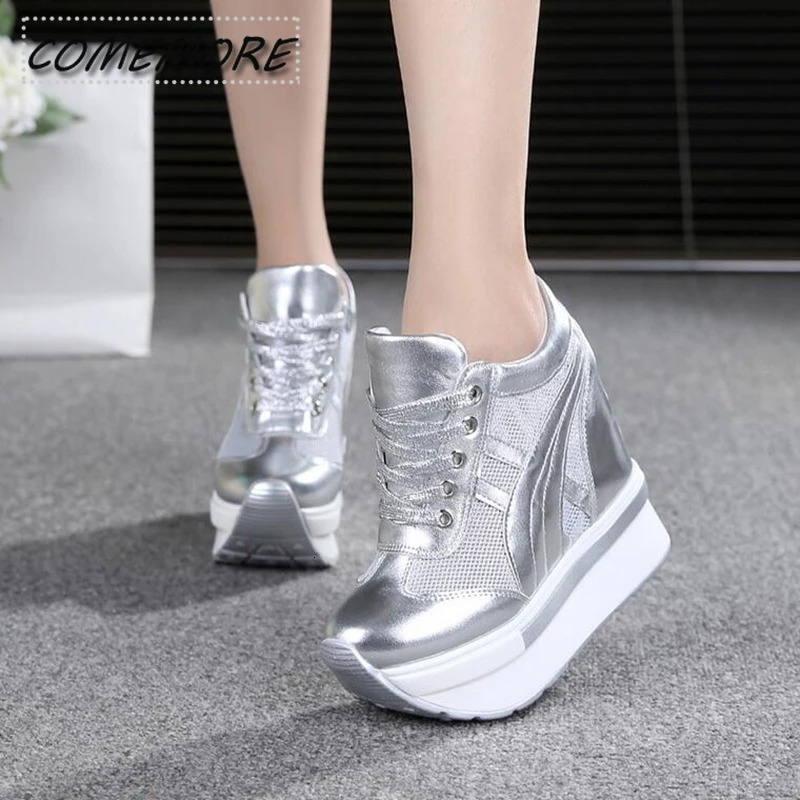 Classic Womens Mesh Platform Sports Shoes White Shoes 10CM High Heel Wedge Outdoor Breathable Casual Shoes Autumn Round Toes 240614