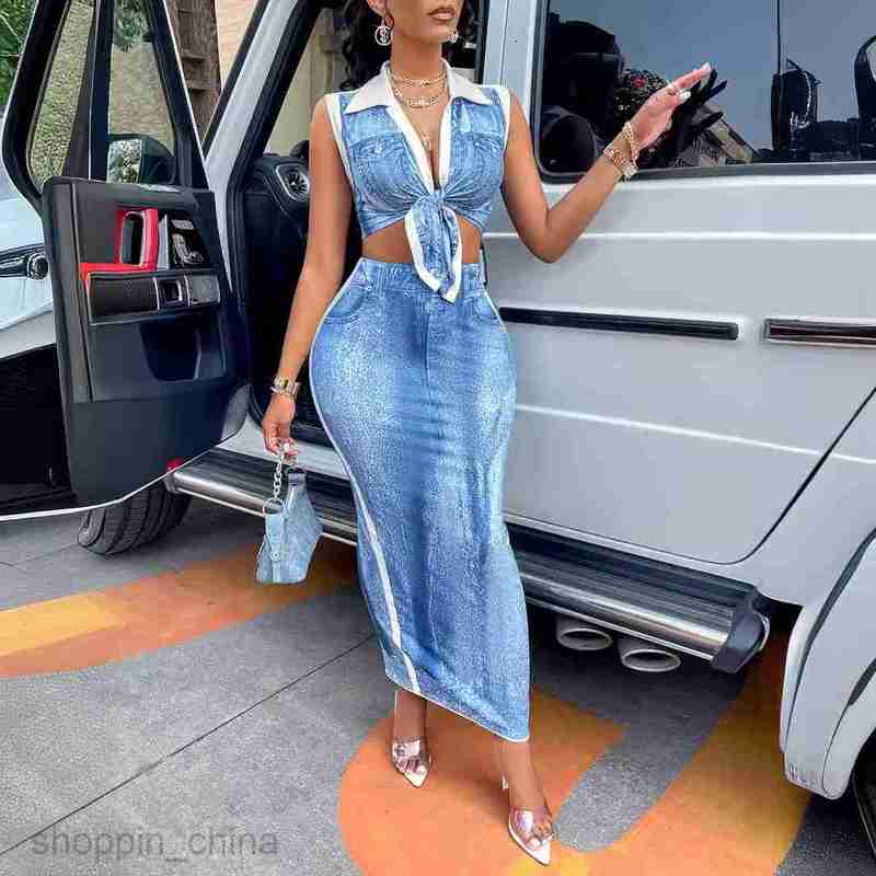 Women's Tracksuits Independently designed and developed sexy women's clothing new summer lapel tie denim print set Sets