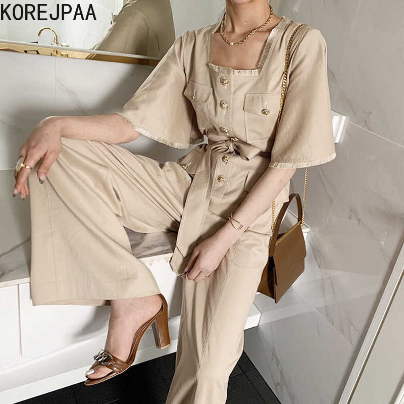 Korejpaa Women Jumpsuits Summer Retro Temperament Square Collar Raw Edge Stitching Lace-Up Waist Flared Sleeve Jumpsuit 210526