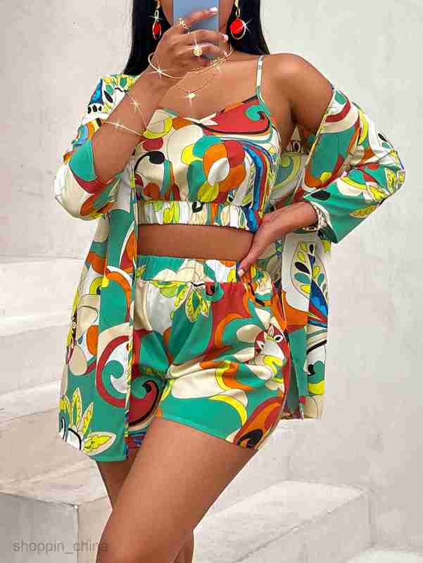 Women's Tracksuits Sexy style new women's clothing summer fashion print waist collection versatile top three piece set Sets