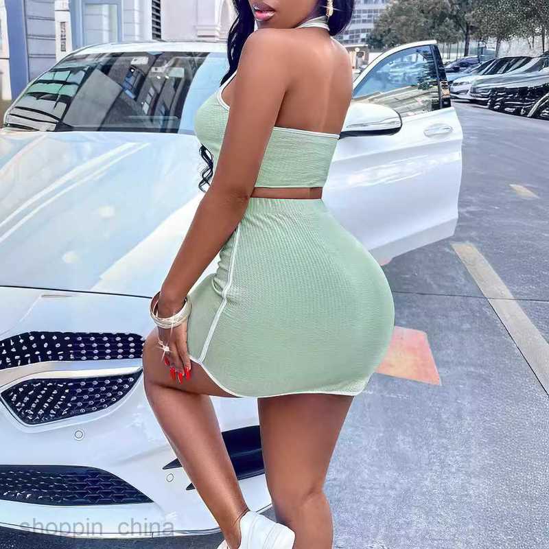 Two Piece Dress Sets New Summer Women's Fashion Solid Color V-Neck Hanging Neck Casual Top Short Skirt Set for Women