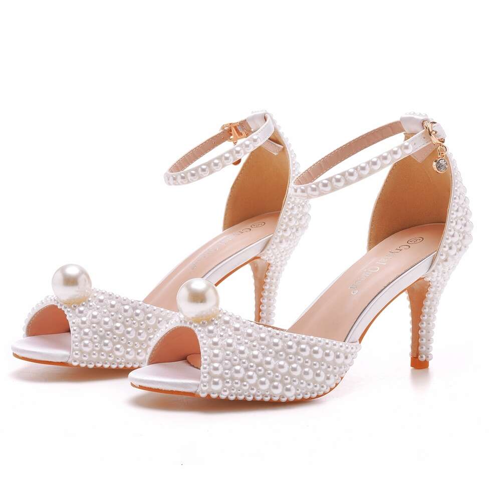 Crystal Queen White Pearl Sandals Women Open Toe High Heels Lady Wedding Shoes Banquet Dress Stiletto