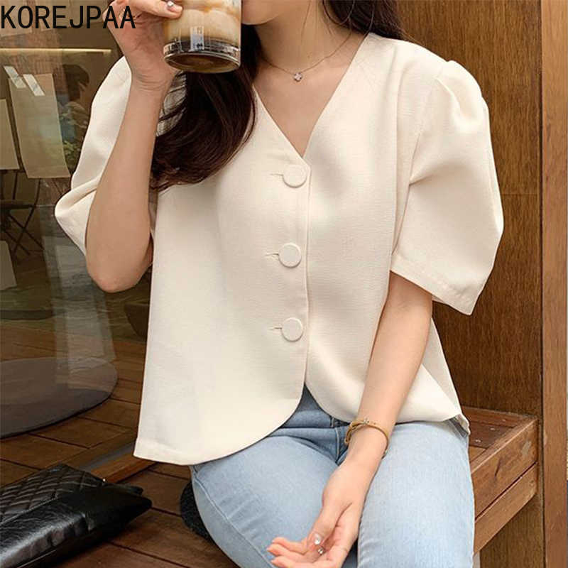 Korejpaa Women Shirt Summer Korean Chic Minimalist Temperament V-Neck Three Buttons Loose Solid Color Puff Sleeve Blouses 210526