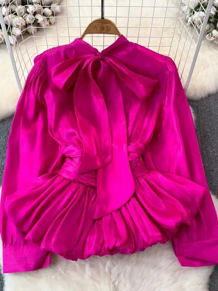 Women's Organza Blouses, French Chic Solid Color, Lace-Up Dias Belt Shirt